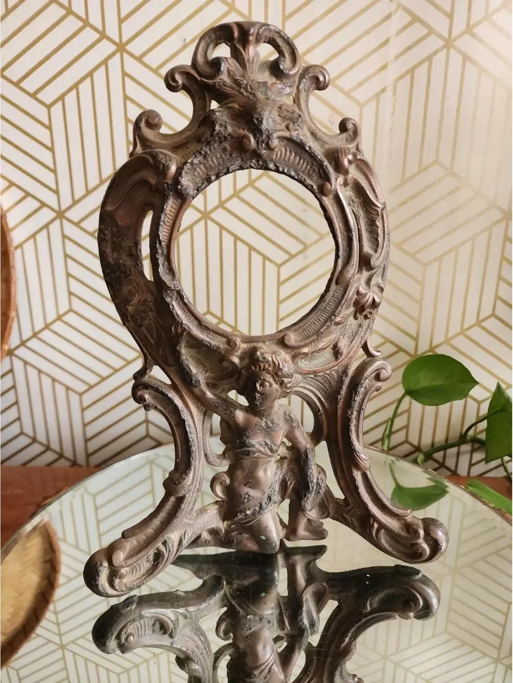 Antique 1906 Brass Cast Mantle Clock Case  Frame